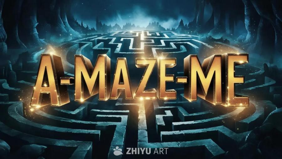 金色立体文字“A-MAZE-ME”在画面中心，文字