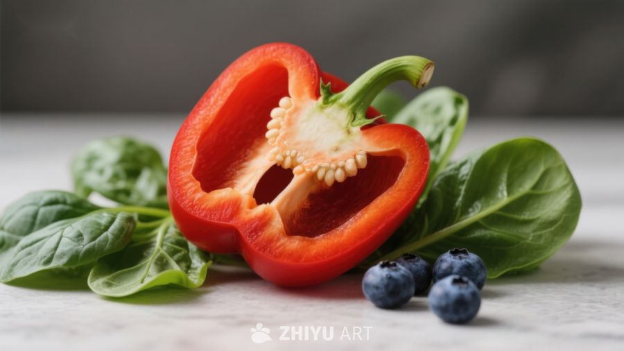 红椒蓝莓与绿叶蔬菜静物