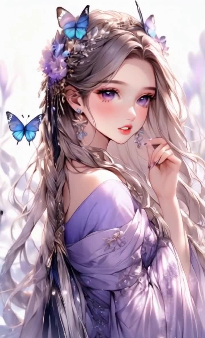 紫眼浅棕发少女与蝴蝶花朵的梦幻紫袍肖像