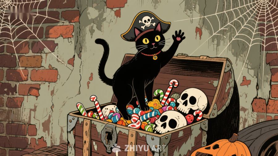 黑猫海盗帽坐宝箱，糖果骷髅伴万圣