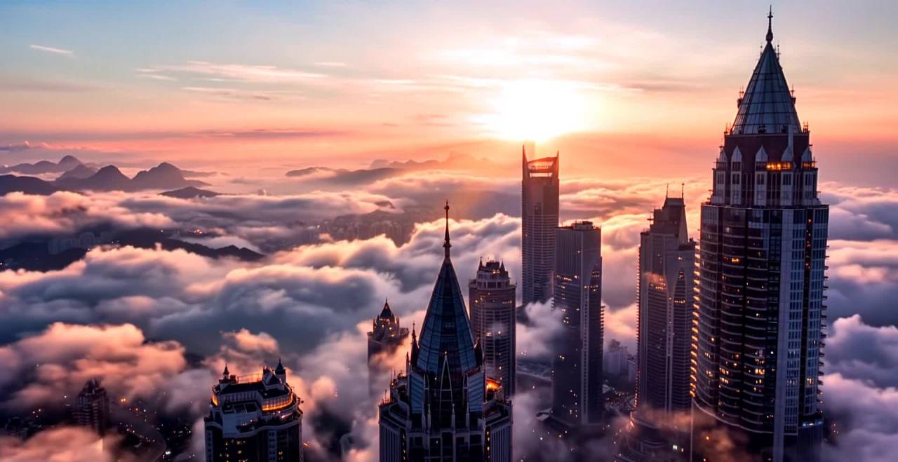高空视角下，太阳初升，金色的光线洒向大地。巍峨的大