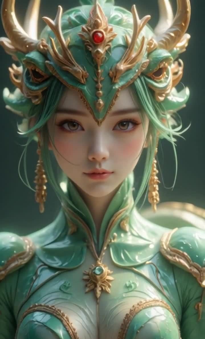 一位女性身着绿色盔甲，佩戴着精心设计的头饰和金色配