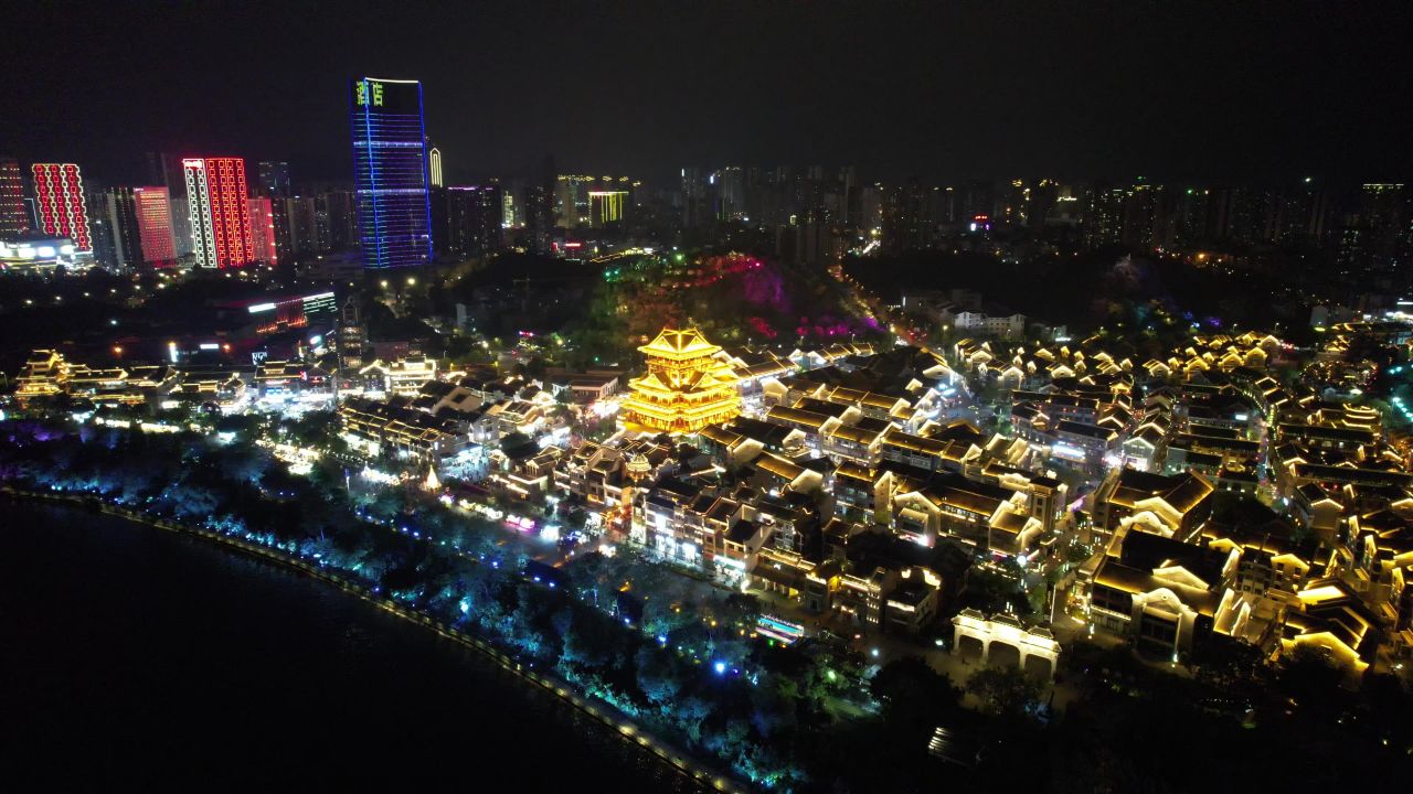 柳州窑埠古镇夜景灯光航拍