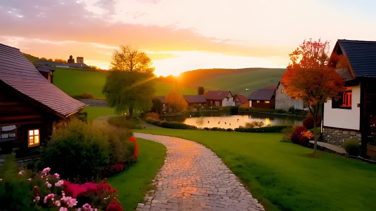 夕阳下的宁静村庄场景，木头和石头制成的迷人乡村小屋