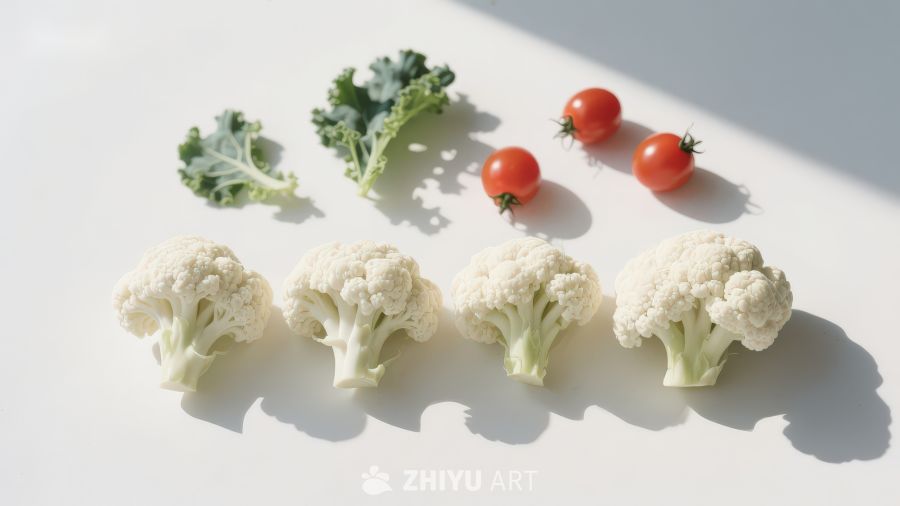 西兰花与樱桃番茄静物摆拍