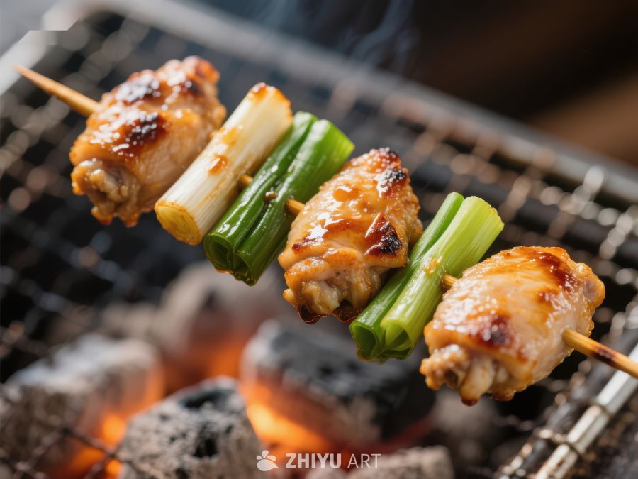 烧烤鸡肉串与青葱在炭火上烤制 234