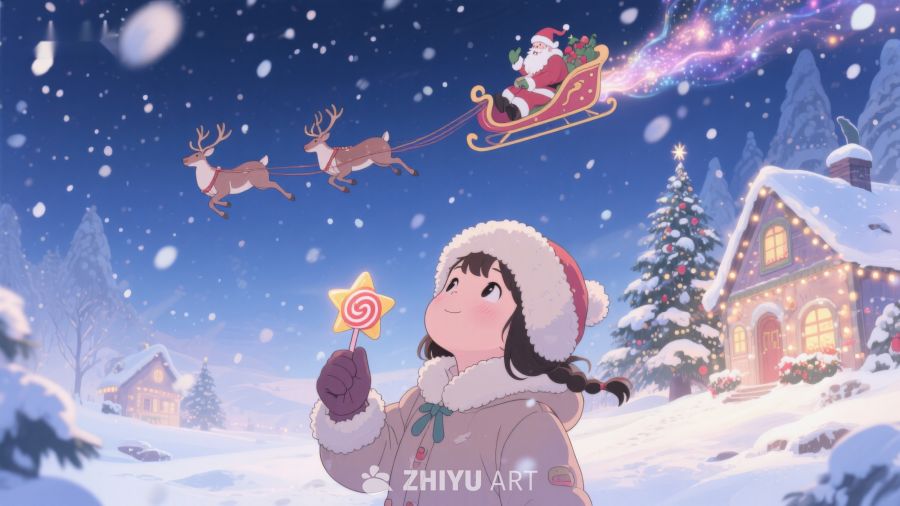 冬夜雪景中的圣诞老人与小女孩 112