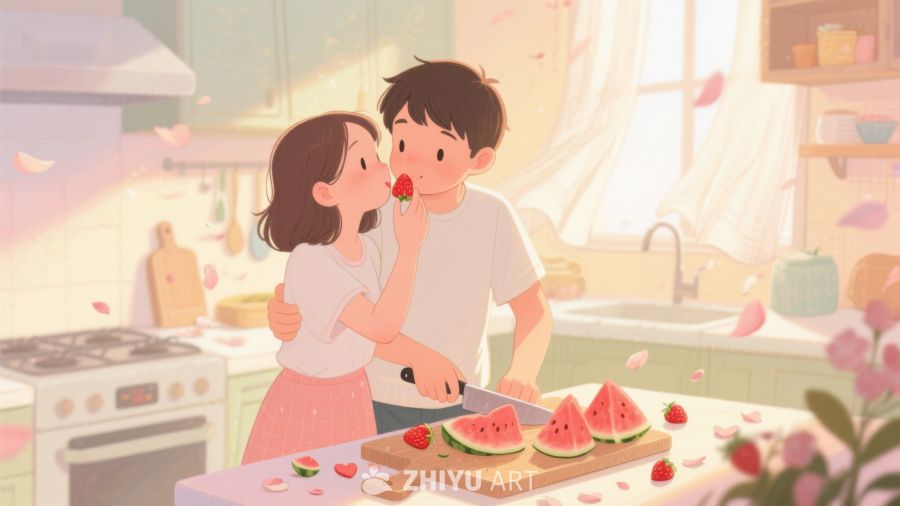 厨房温馨时刻：情侣共享西瓜 66