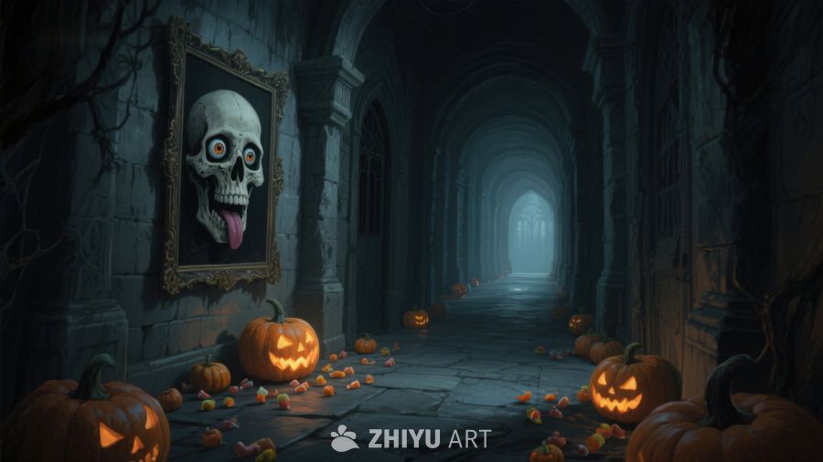 幽暗古堡中的万圣节南瓜与骷髅画
