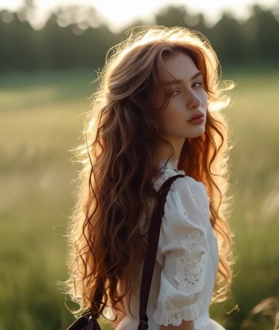 一位长发披肩的年轻女性，身穿白色连衣裙，站在一片绿