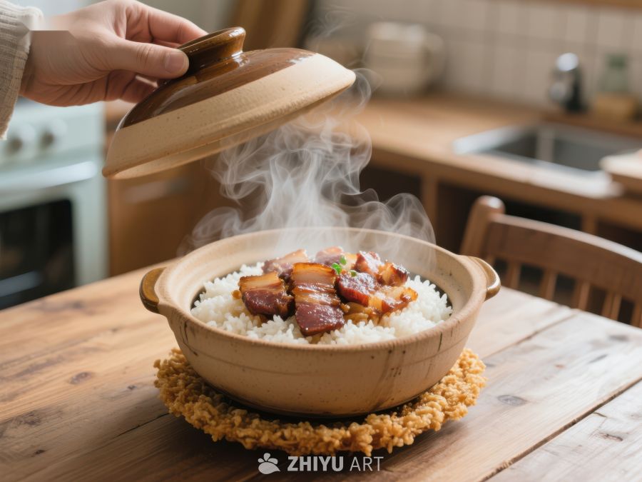 热气腾腾的盖饭揭开锅盖 882