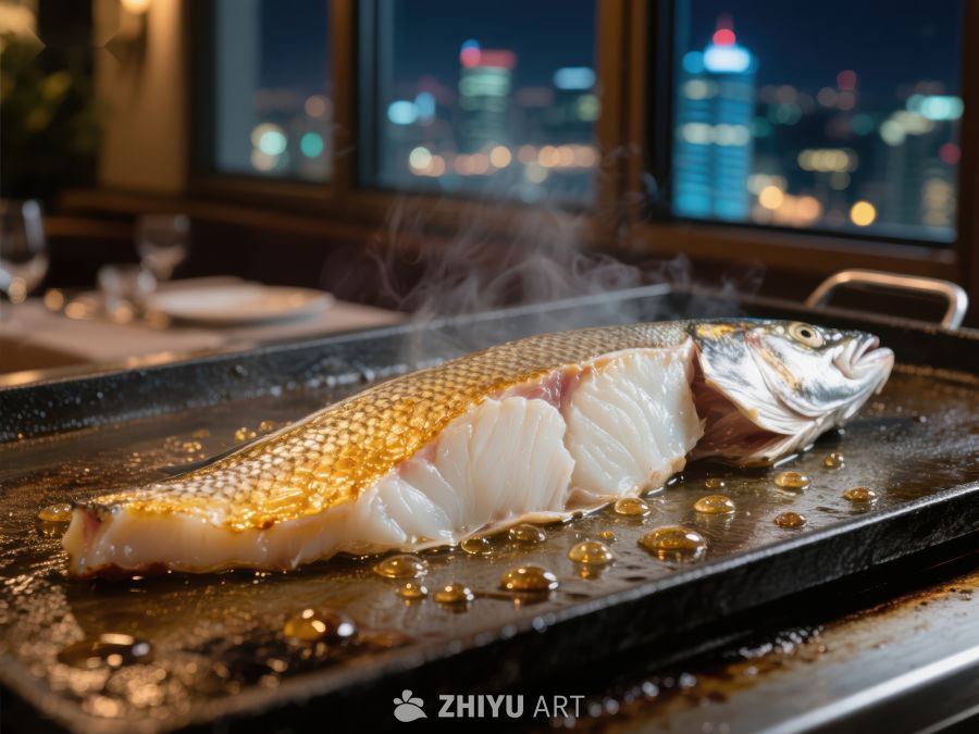 煎烤鱼肉，夜景相伴