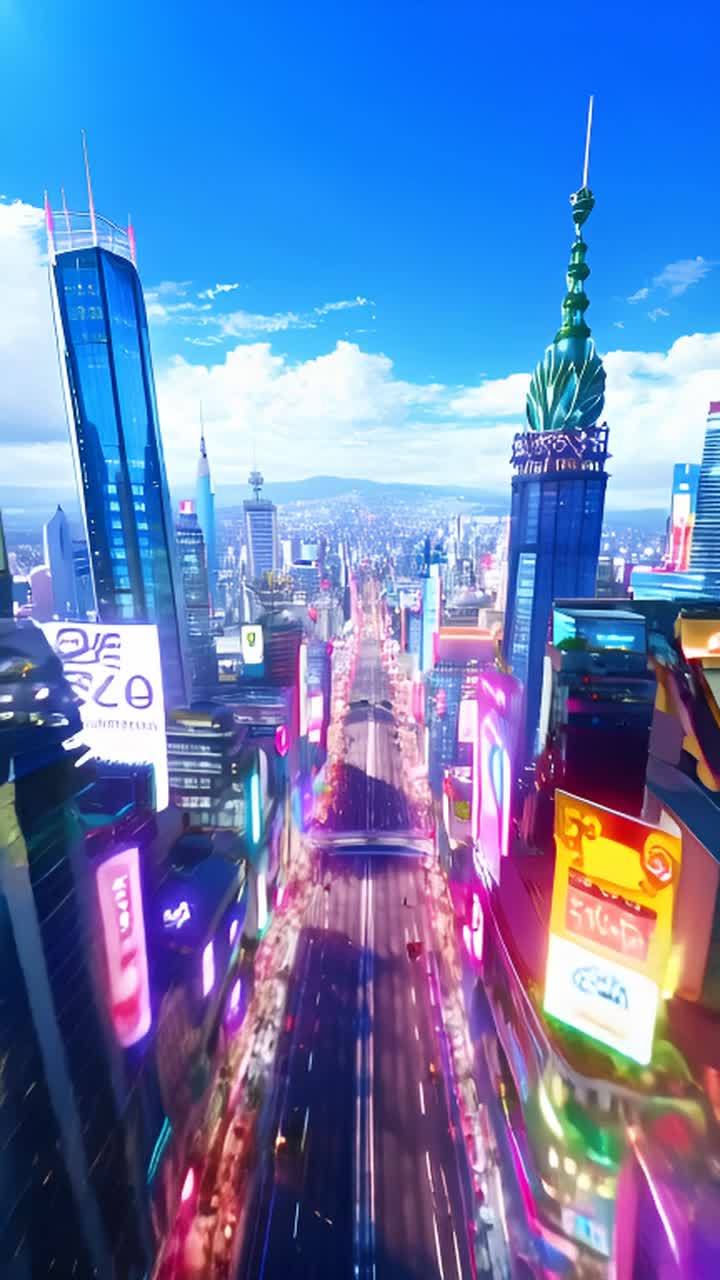 一个繁华的动漫城市，拥有多样化的建筑和霓虹灯。镜头