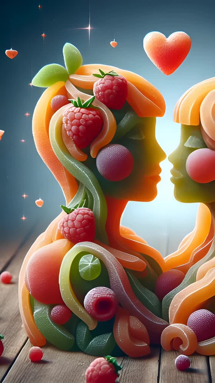 两个侧面的人形轮廓由彩色糖果构成，其中一个为橙色和