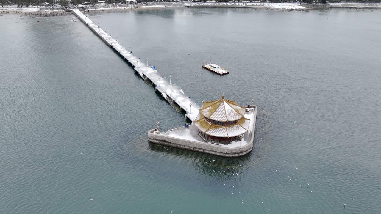 青岛市南老城区栈桥海边雪景航拍 10