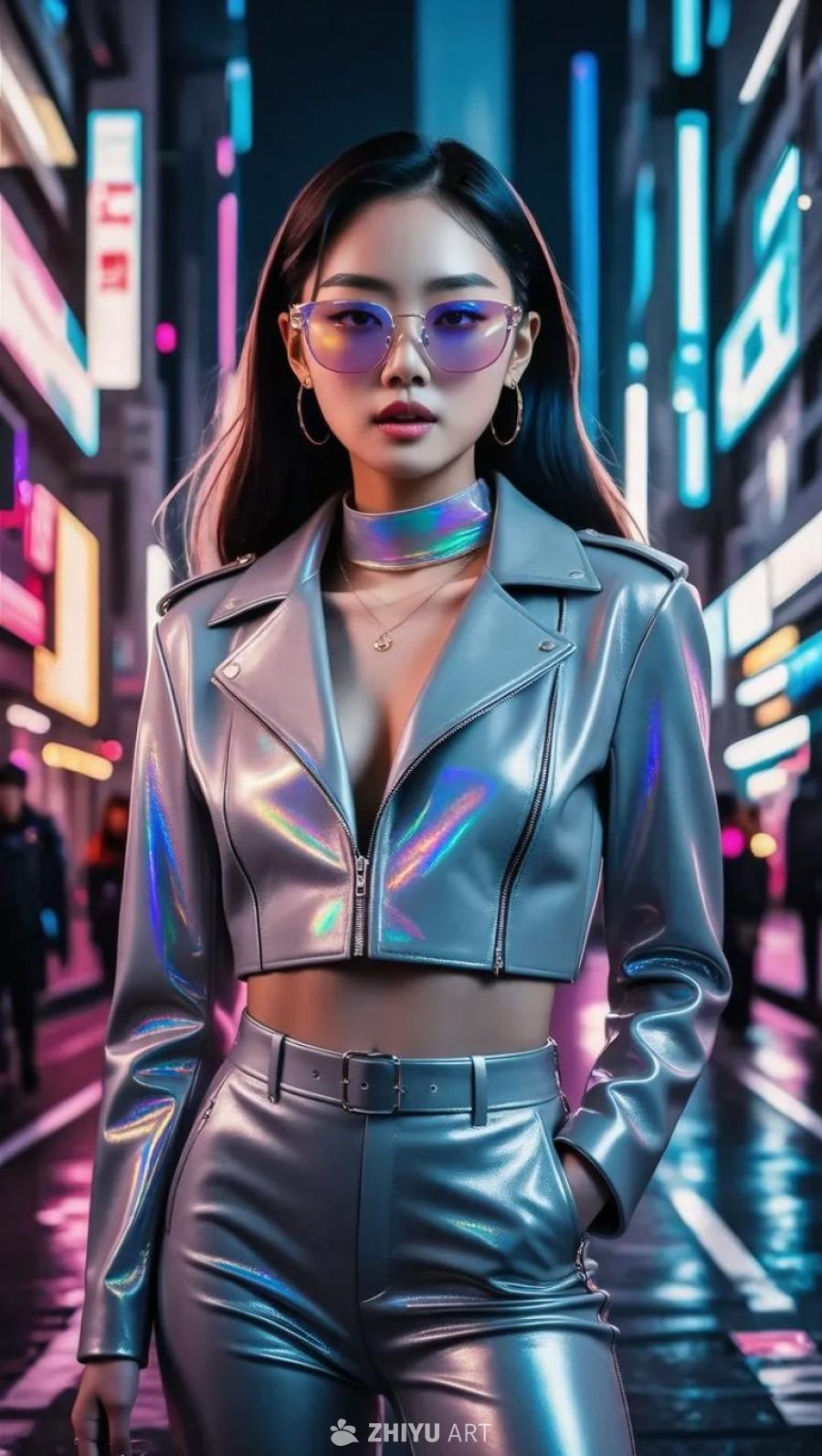 一个穿着全息灰色皮革套装的女子，佩戴着一副具有未来