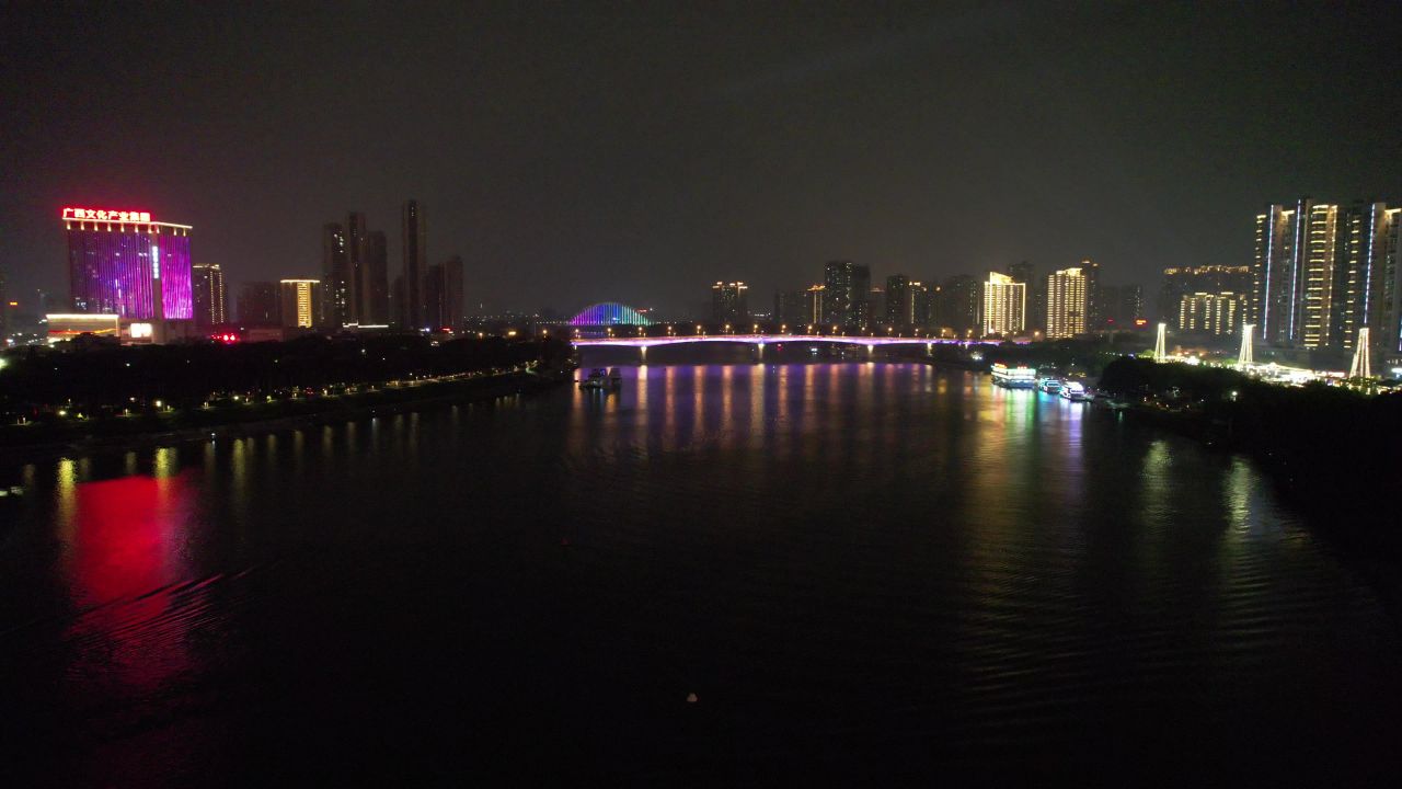 广西南宁邕江夜景灯光航拍 