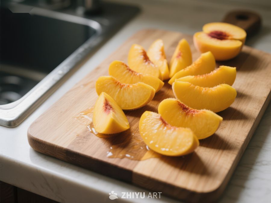 切片桃子置于木质砧板上 421