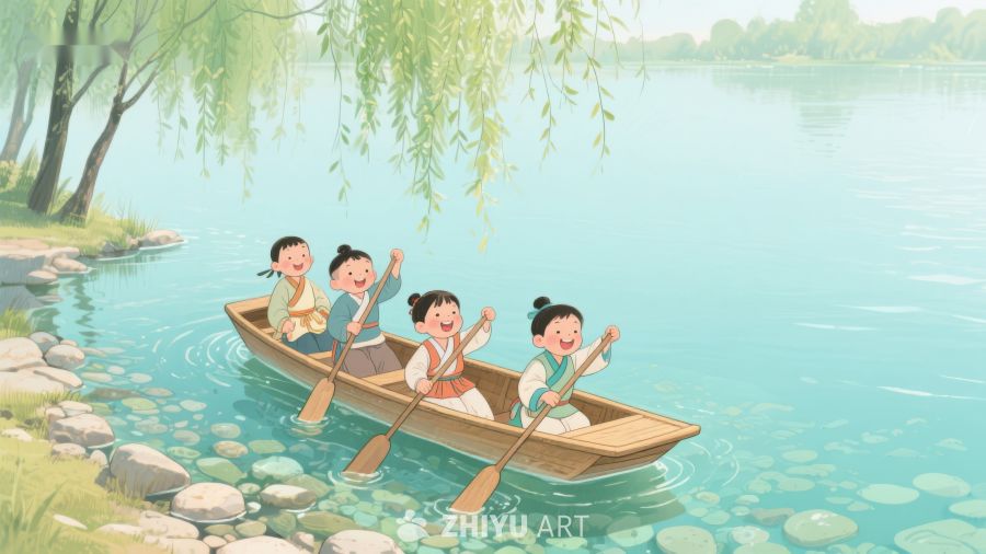 孩子们在湖上划船的欢乐时光 170