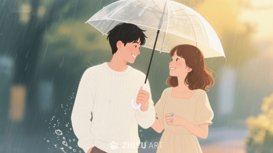 雨中情侣共撑伞温馨时刻 635