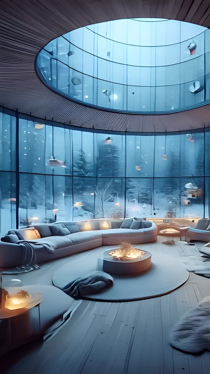 一个圆形房间，配有环绕式玻璃墙，室外是冬季雪景。房