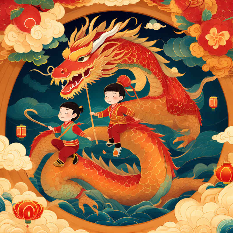 小孩骑着中国龙，中国龙年新年插画 4