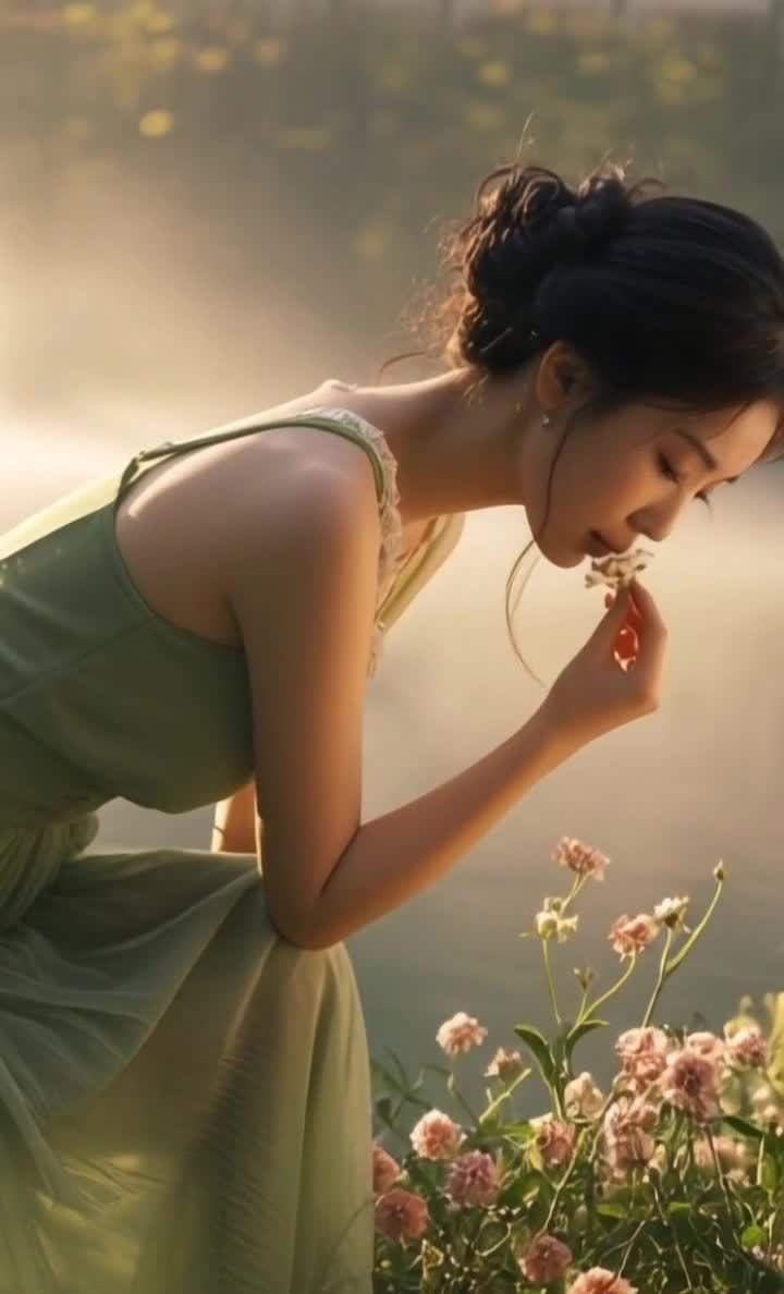 绿裙女子湖畔赏花闻香轻嗅花朵芬芳