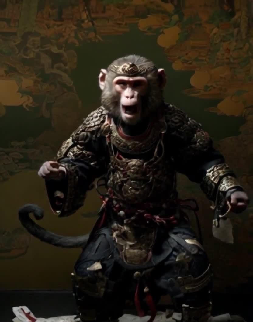 金甲猴王傲立花墙前