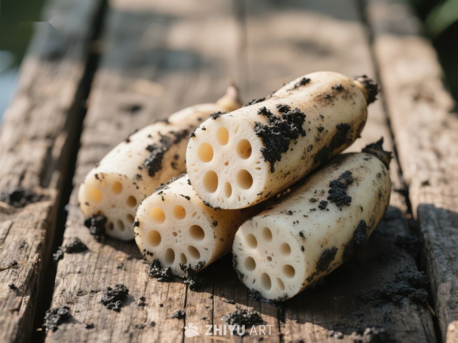 新鲜莲藕切段置于木板上 458