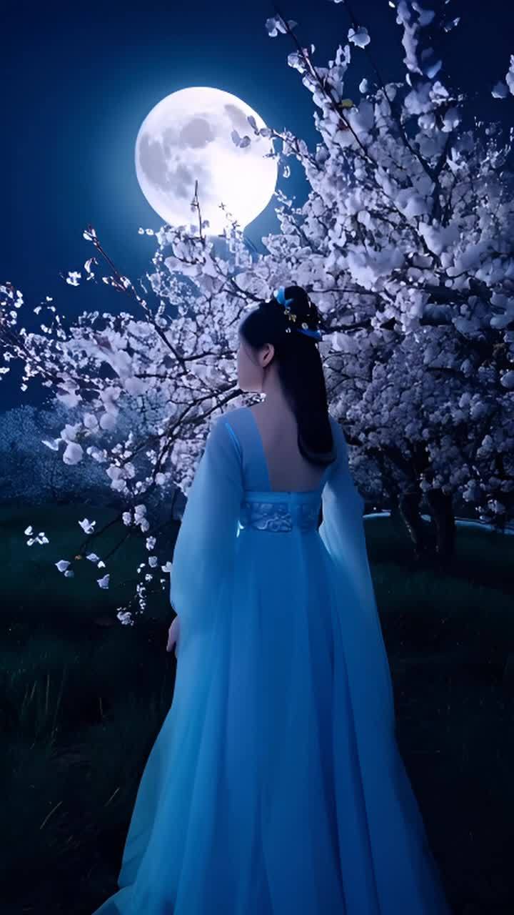 一位身着淡蓝色汉服的女子站在月光下，身旁是盛开的白