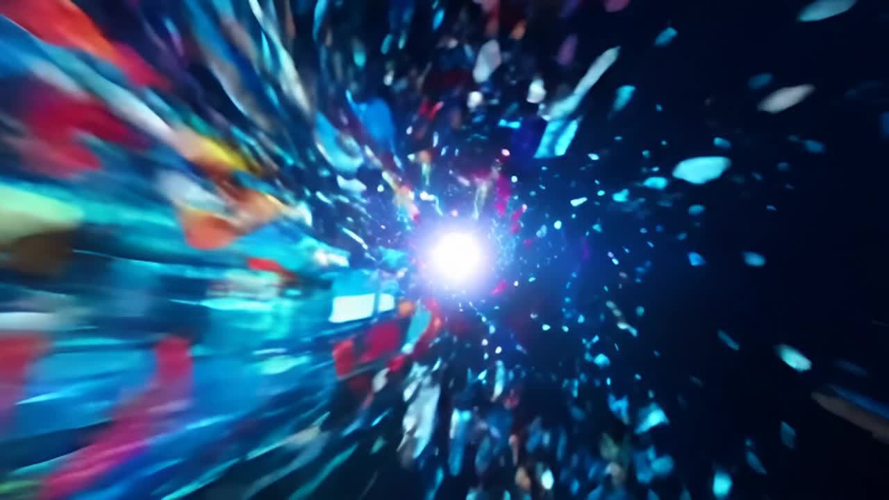 一个深蓝色的空间中，漂浮着许多颜色各异的碎片，碎片