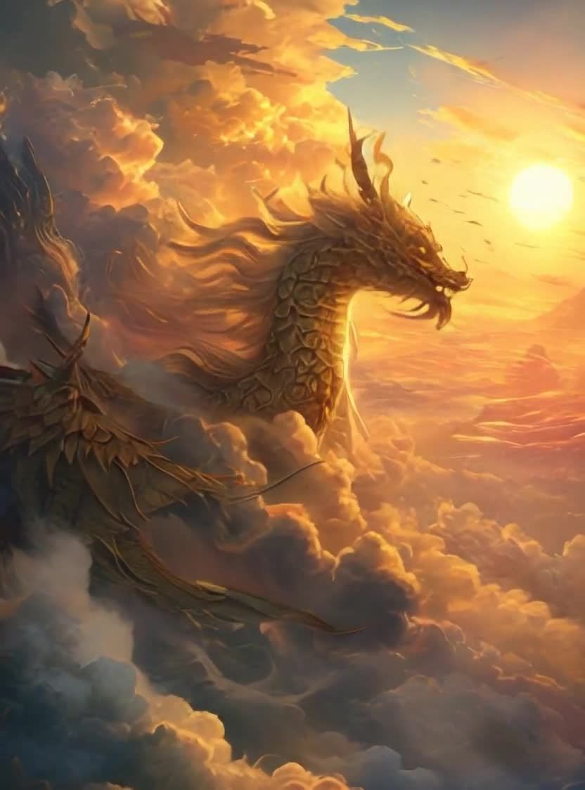 金色巨龙翱翔云海，沐浴霞光，威严壮丽。