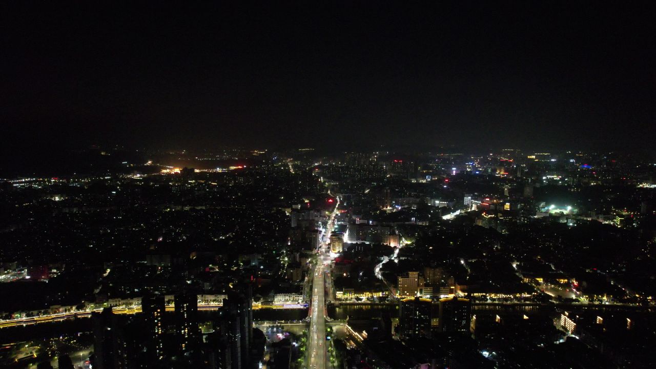 广东江门城市夜景交通航拍