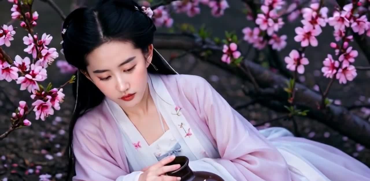 一位身着粉色汉服的女子倚靠在树干上。女子肤色白皙，