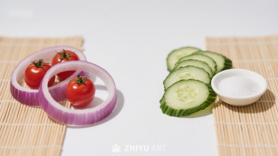 切片蔬菜与调味品摆盘