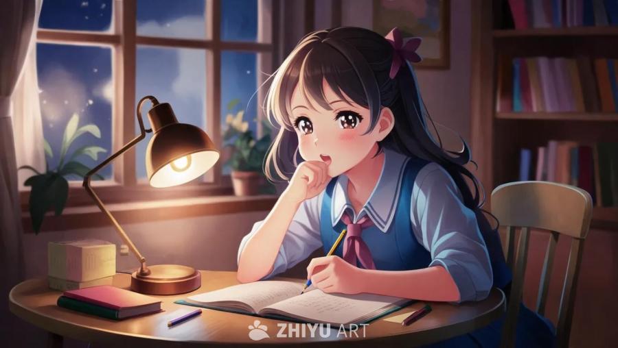 一个动漫女孩坐在桌旁学习，桌子上有一盏小灯。她手拿