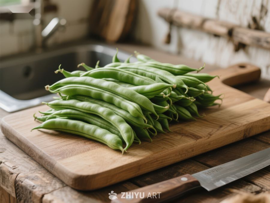 新鲜四季豆置于木质砧板上 517