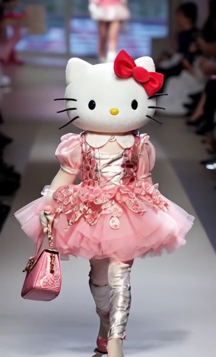 一个穿着粉色蓬蓬裙和Hello Kitty头套的模