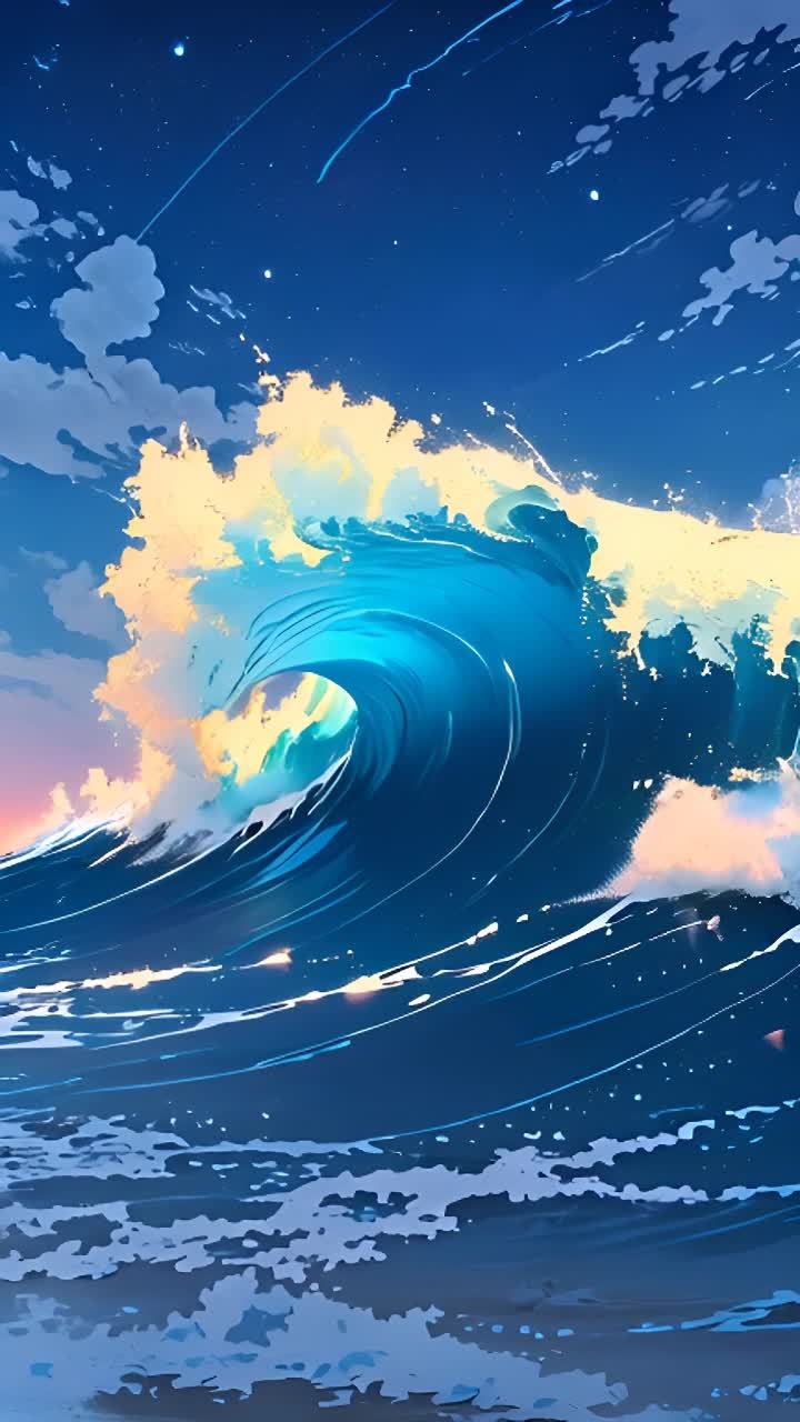 蓝色和绿色的海面上，白色浪花翻滚，一个巨大的海浪占
