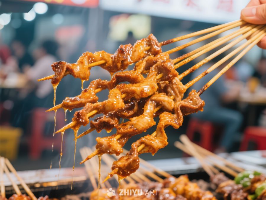 街头美食：烤肉串热气腾腾