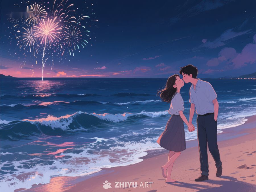 海边烟花下的浪漫亲吻 262