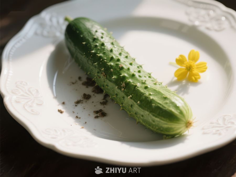 新鲜黄瓜与黄色小花置于白色盘中 245