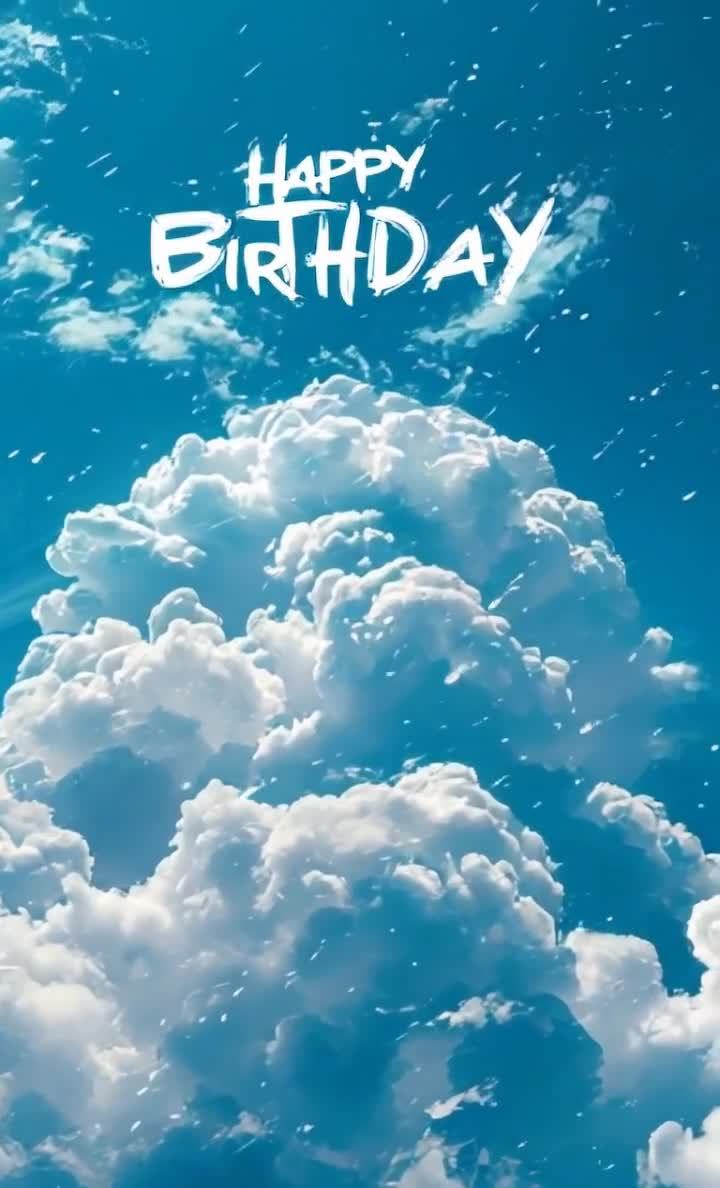 明亮的蓝色天空背景下，悬浮着白色的“HAPPY B