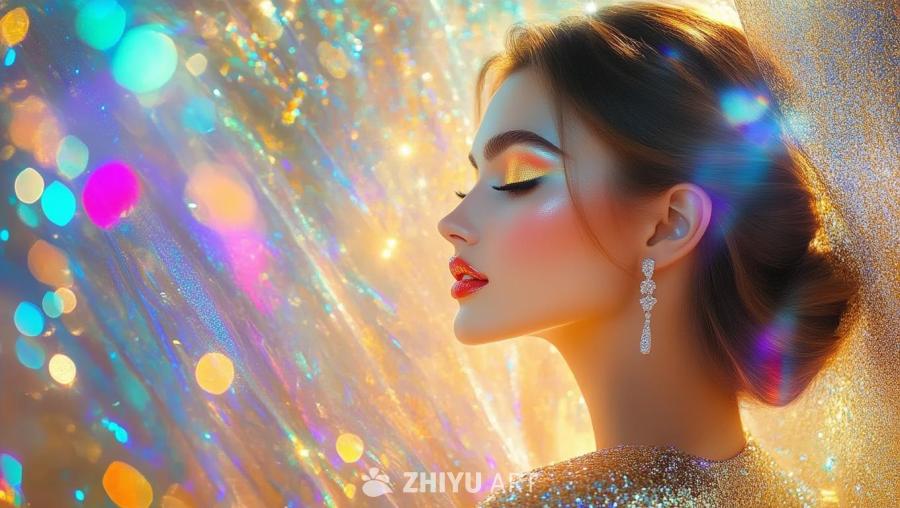 一个女性侧脸，眼睛闭着，化着金色的眼影，嘴唇涂着红