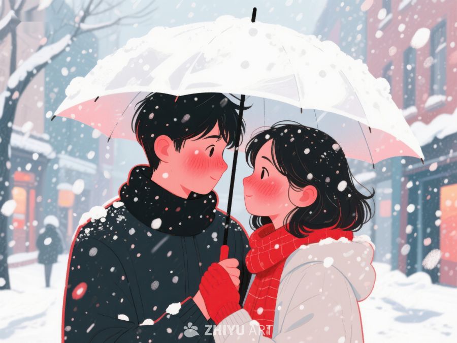 雪中伞下情侣温馨对视 939