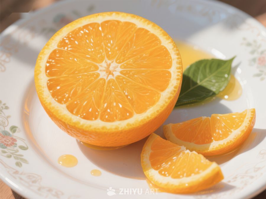 新鲜橙子切片与绿叶装饰 644