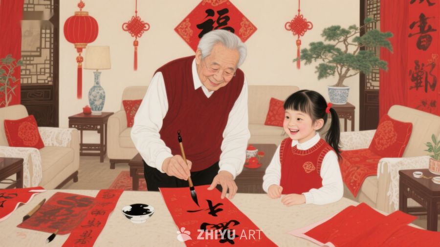 祖孙共写春联，欢庆新年 1284
