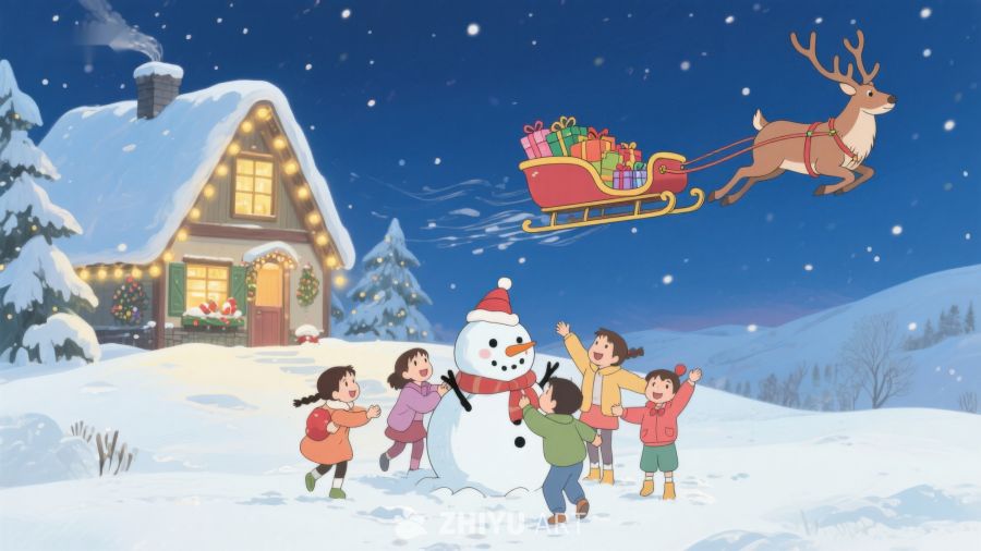 雪夜圣诞，孩子们与雪人共欢 394