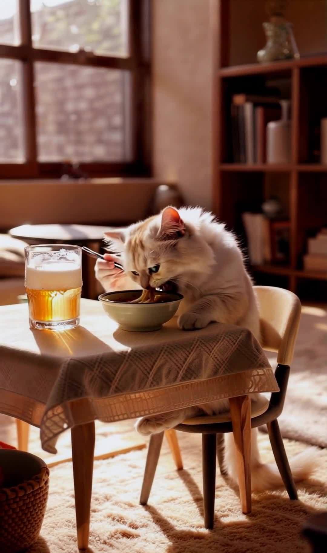 萌猫用餐：小猫用筷子吃面，阳光洒满房间