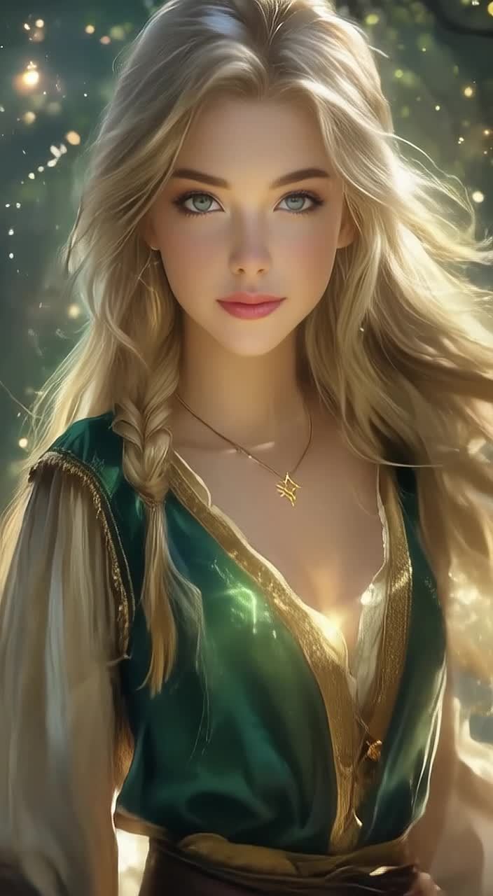 一个金发女性，部分头发编成辫子，其余散落在肩上，穿